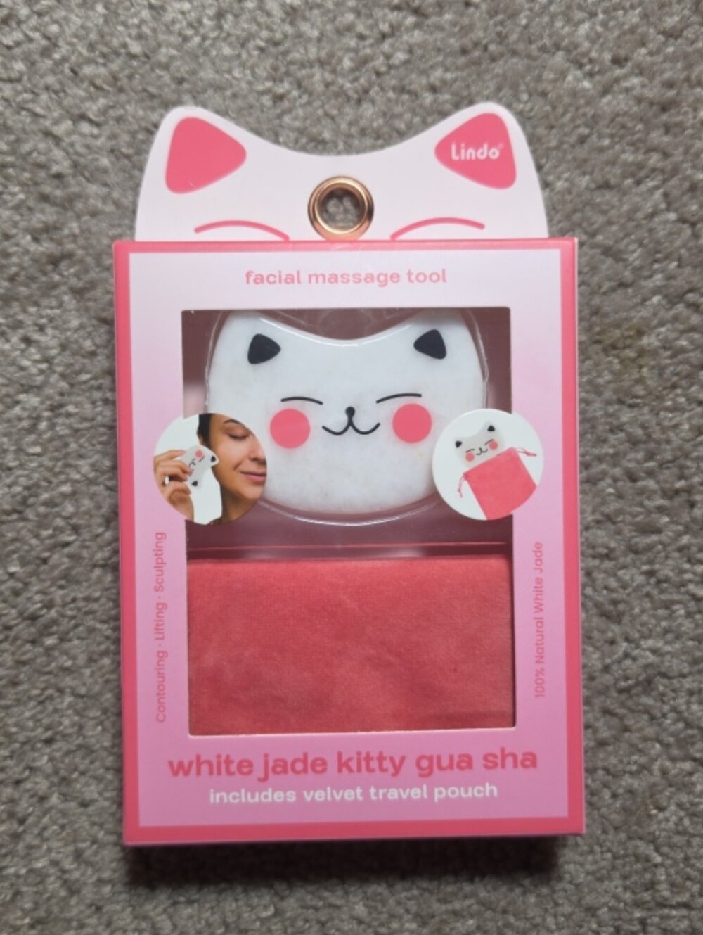 Lindo NWT White Jade Kitty Gua Sha Facial Massage Tool With Pouch